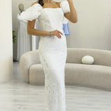 White Off-Shoulder Sequin Evening Dress