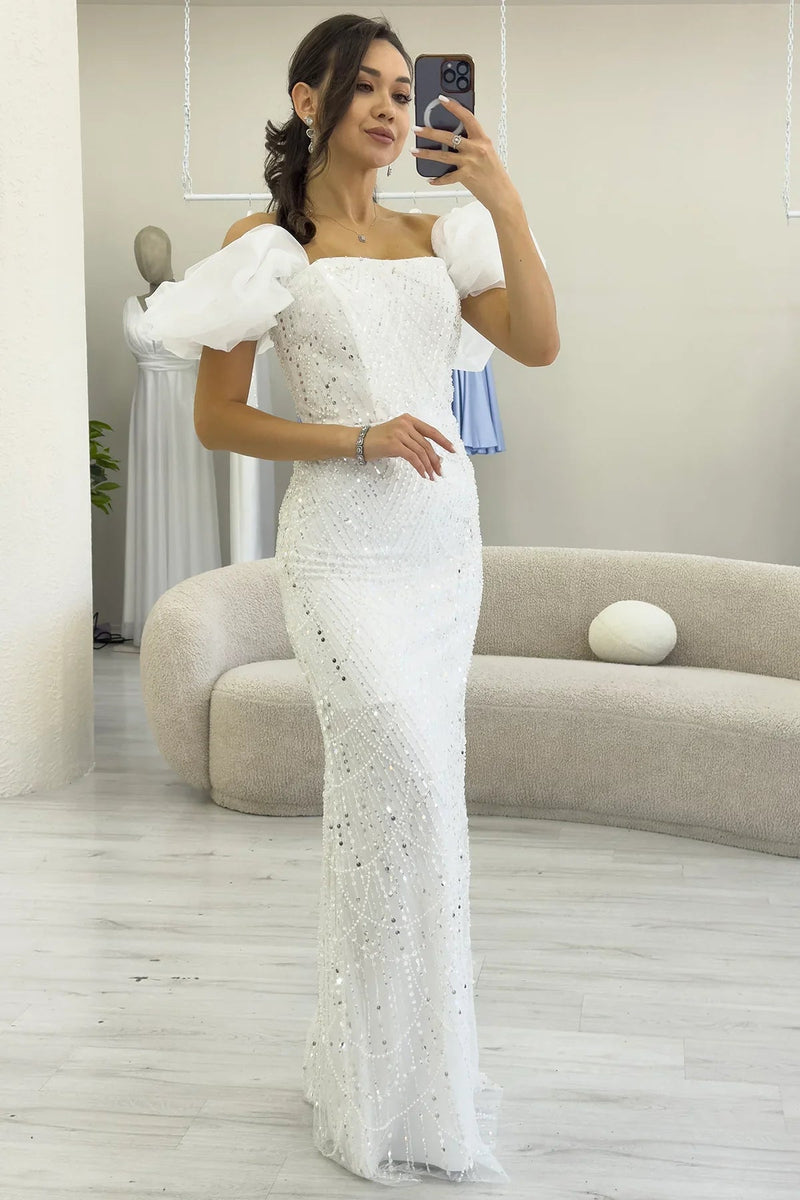 Women's White Balloon Sleeve Sequin Embellished Strapless Evening Gown