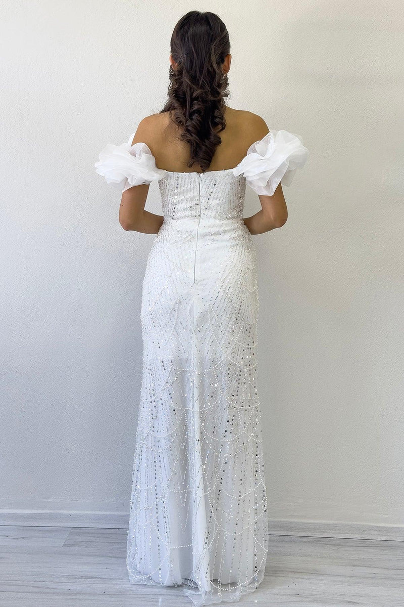 Women's White Balloon Sleeve Sequin Embellished Strapless Evening Gown