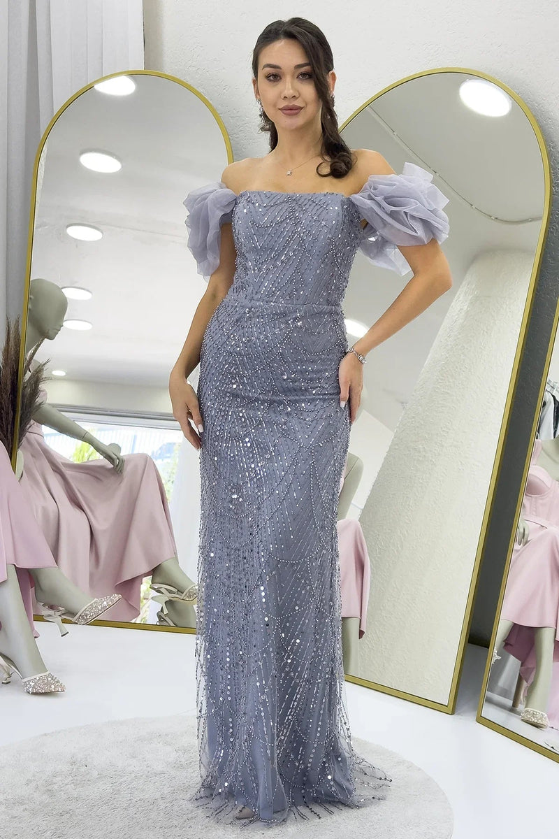 Women's Gray Balloon Sleeve Sequin Embellished Strapless Evening Gown