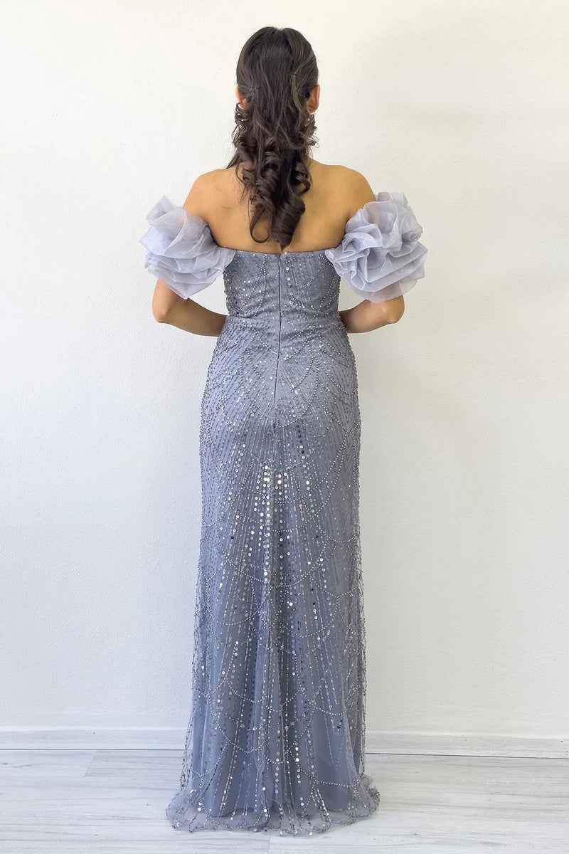 Women's Gray Balloon Sleeve Sequin Embellished Strapless Evening Gown