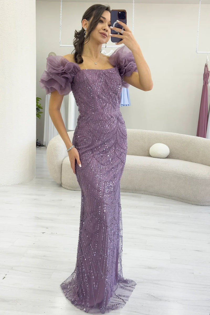 Women's Lilac Balloon Sleeve Sequin Embellished Strapless Evening Gown