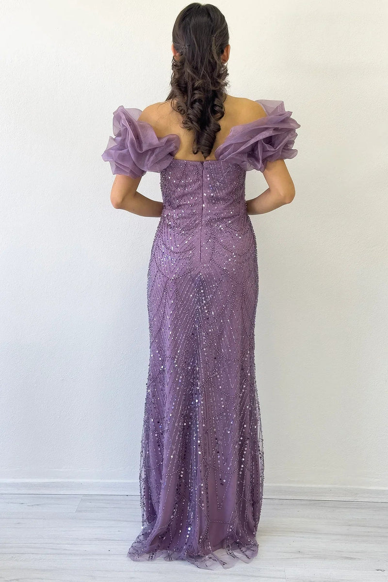 Women's Lilac Balloon Sleeve Sequin Embellished Strapless Evening Gown