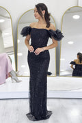 Black Off-Shoulder Sequin Evening Dress
