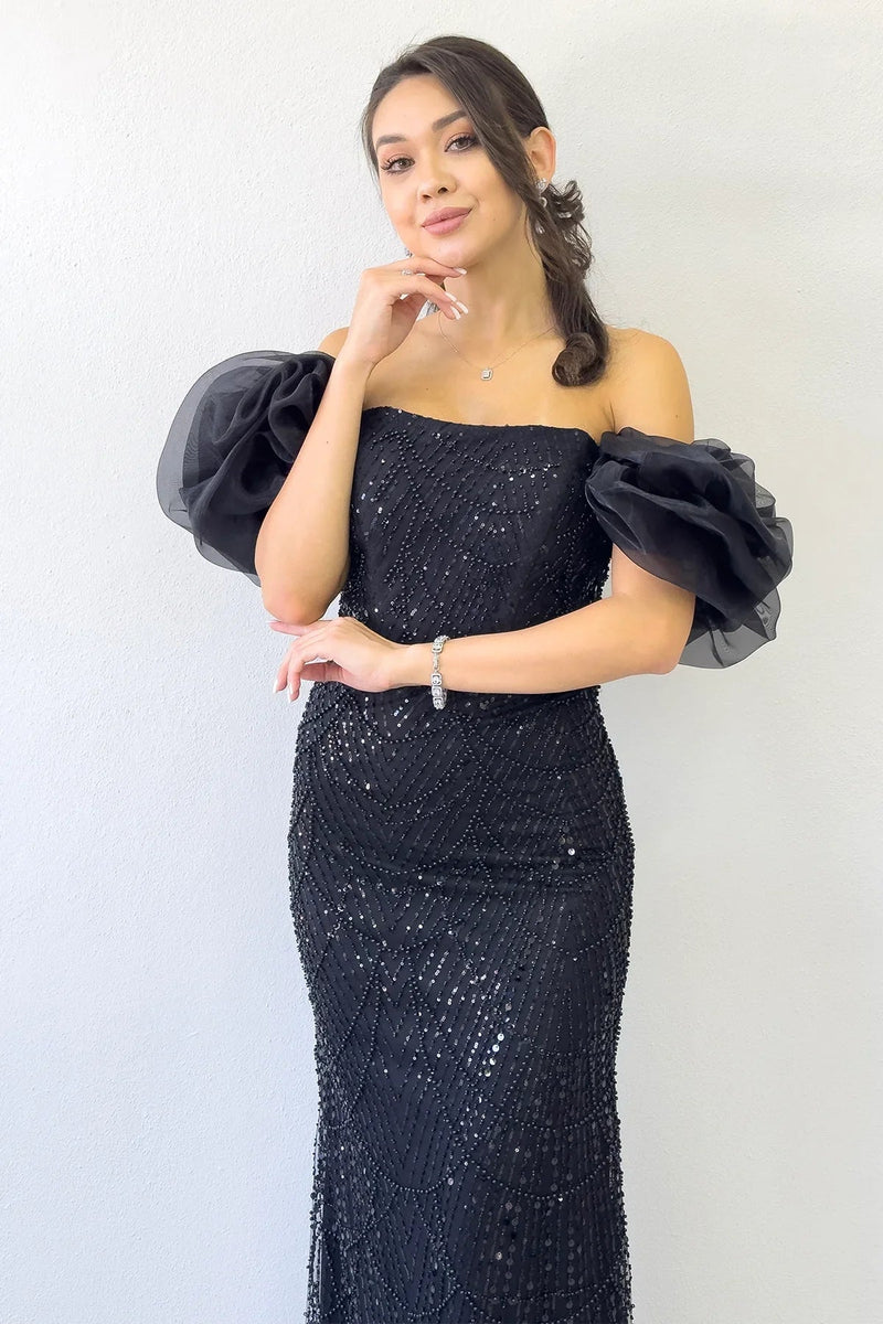 Women's Black Balloon Sleeve Sequin Embellished Strapless Evening Gown