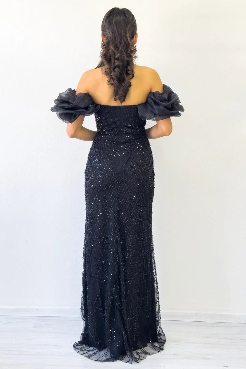 Women's Black Balloon Sleeve Sequin Embellished Strapless Evening Gown
