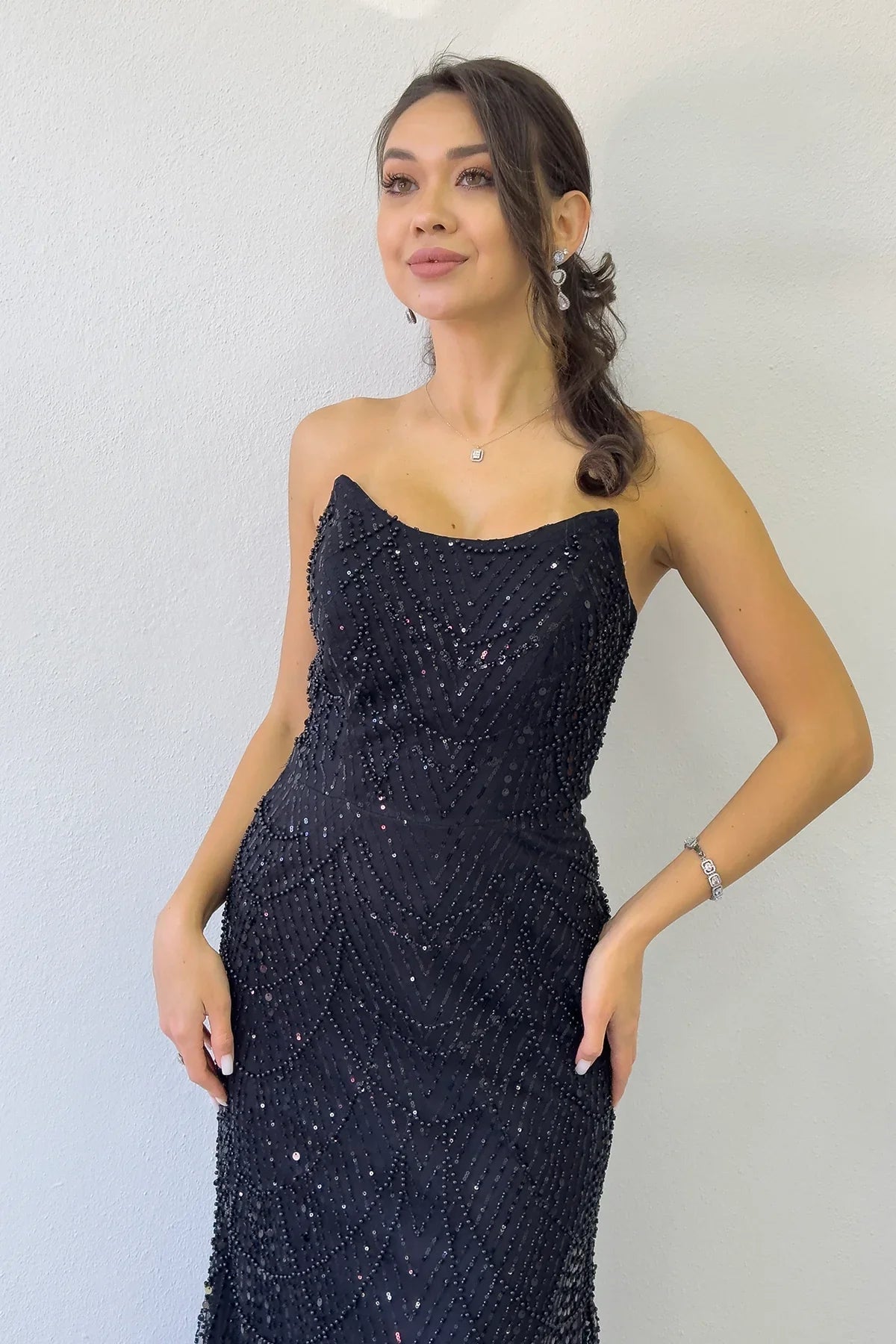 Women's Black Strapless Sequin Embellished Long Evening Gown