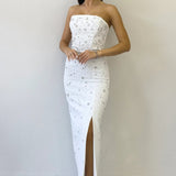 White Strapless Embellished Maxi Evening Dress