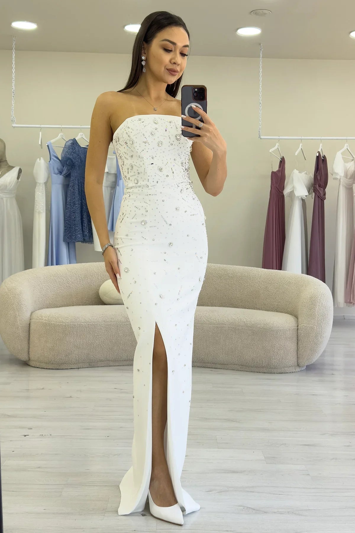 Women's White Strapless Taş işlemeli Slit Evening Gown