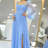 Baby Blue Lace Flared Maxi Evening Dress