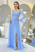 Baby Blue Lace Flared Maxi Evening Dress
