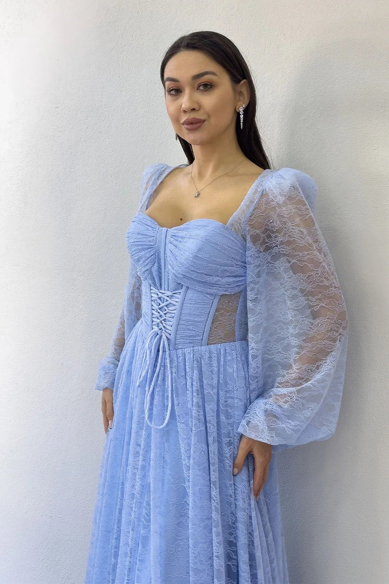 Women's Baby Blue Lace Kumaş Corset Detail Long Slit Evening Gown