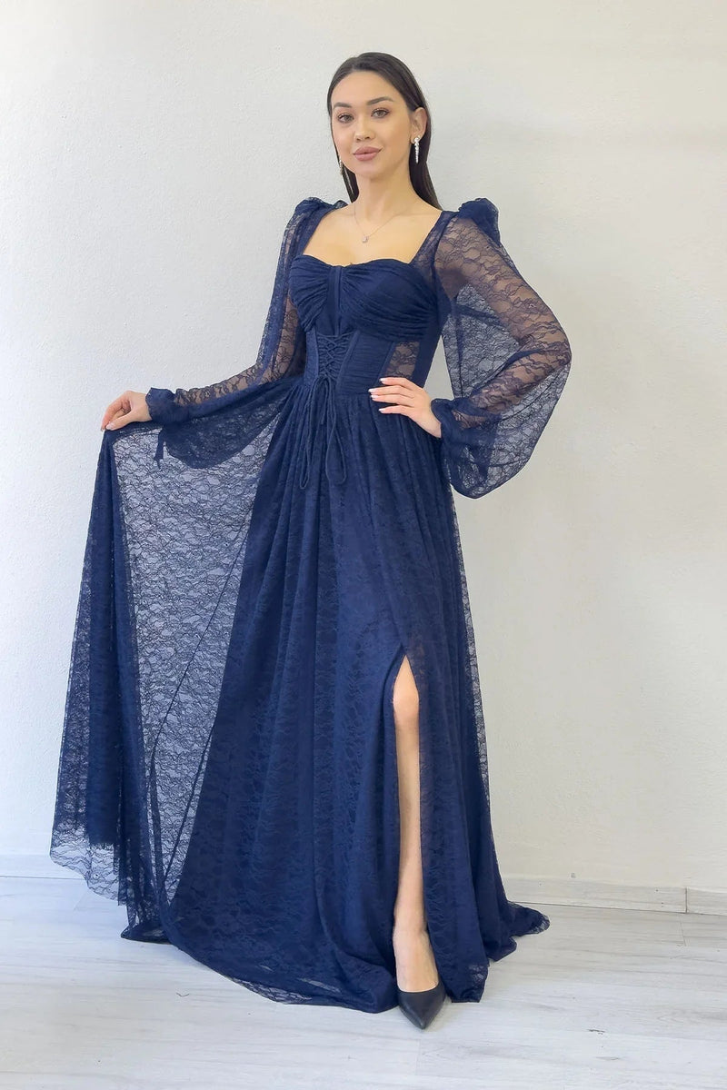 Women's Navy Blue Lace Kumaş Corset Detail Long Slit Evening Gown