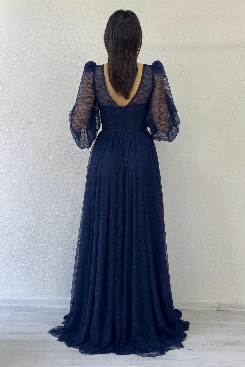 Women's Navy Blue Lace Kumaş Corset Detail Long Slit Evening Gown