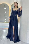 Navy Blue Lace Flared Maxi Evening Dress