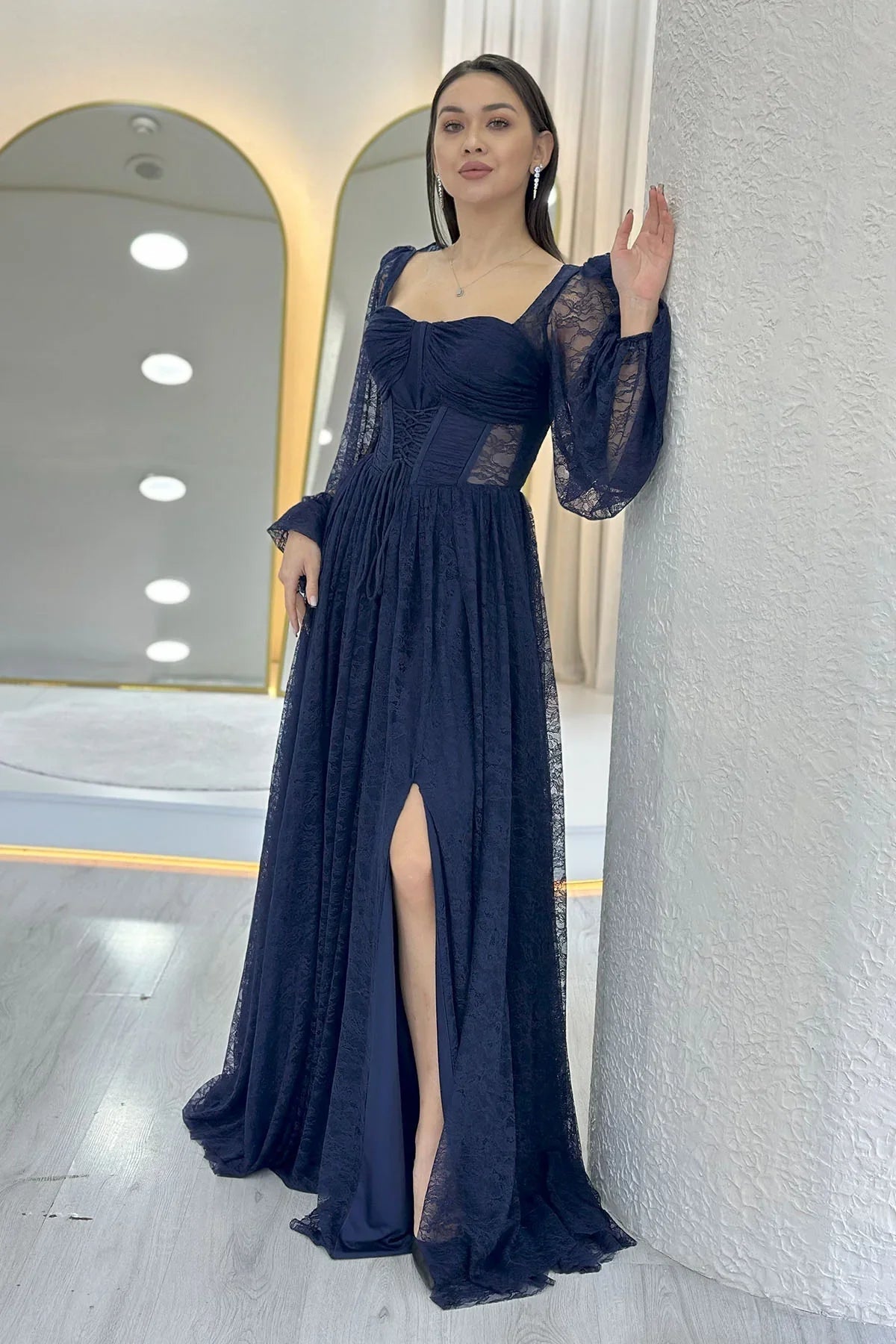 Women's Navy Blue Lace Kumaş Corset Detail Long Slit Evening Gown