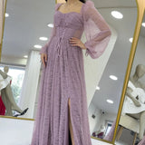 Powder Pink Lace Flared Maxi Evening Dress