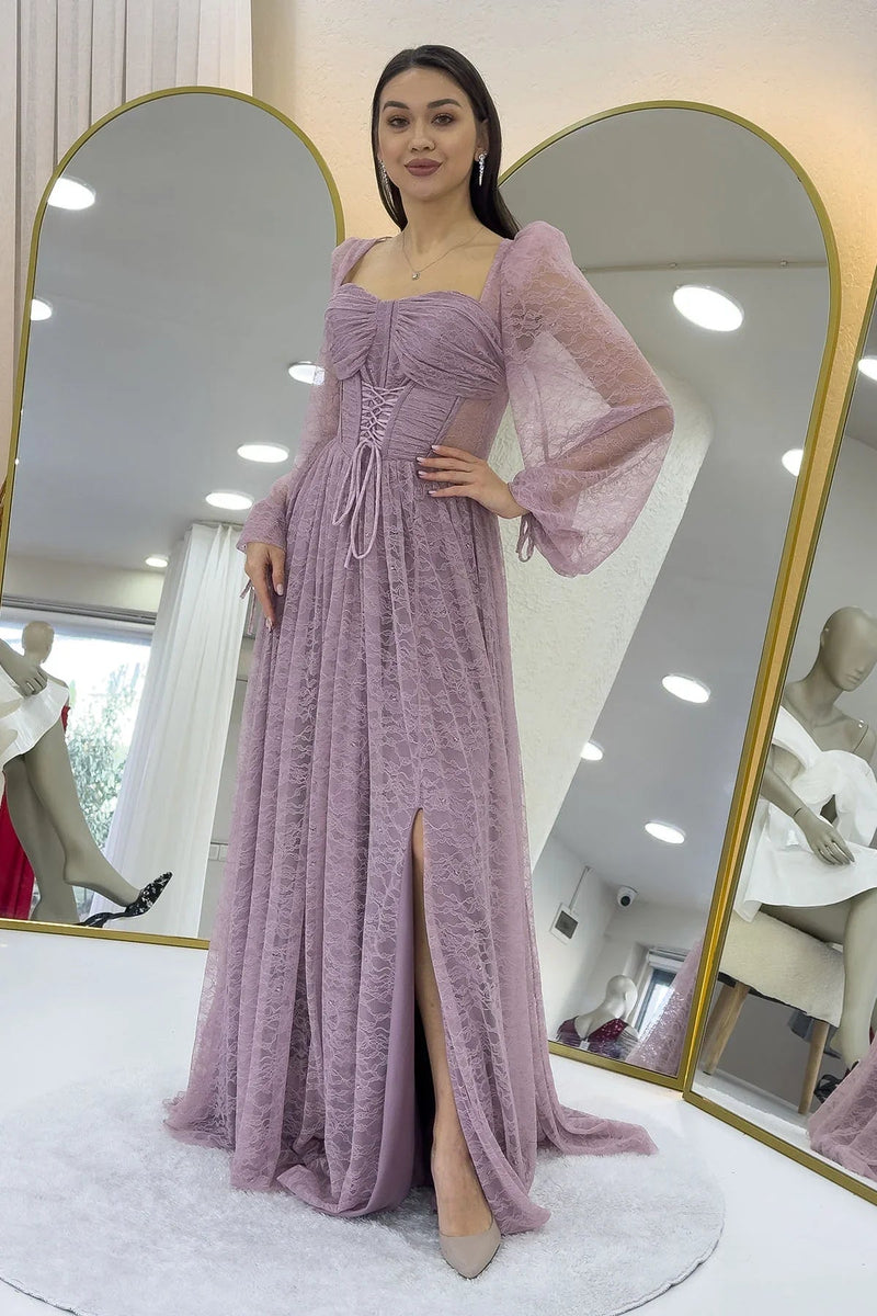 Women's Powder Pink Lace Kumaş Corset Detail Long Slit Evening Gown