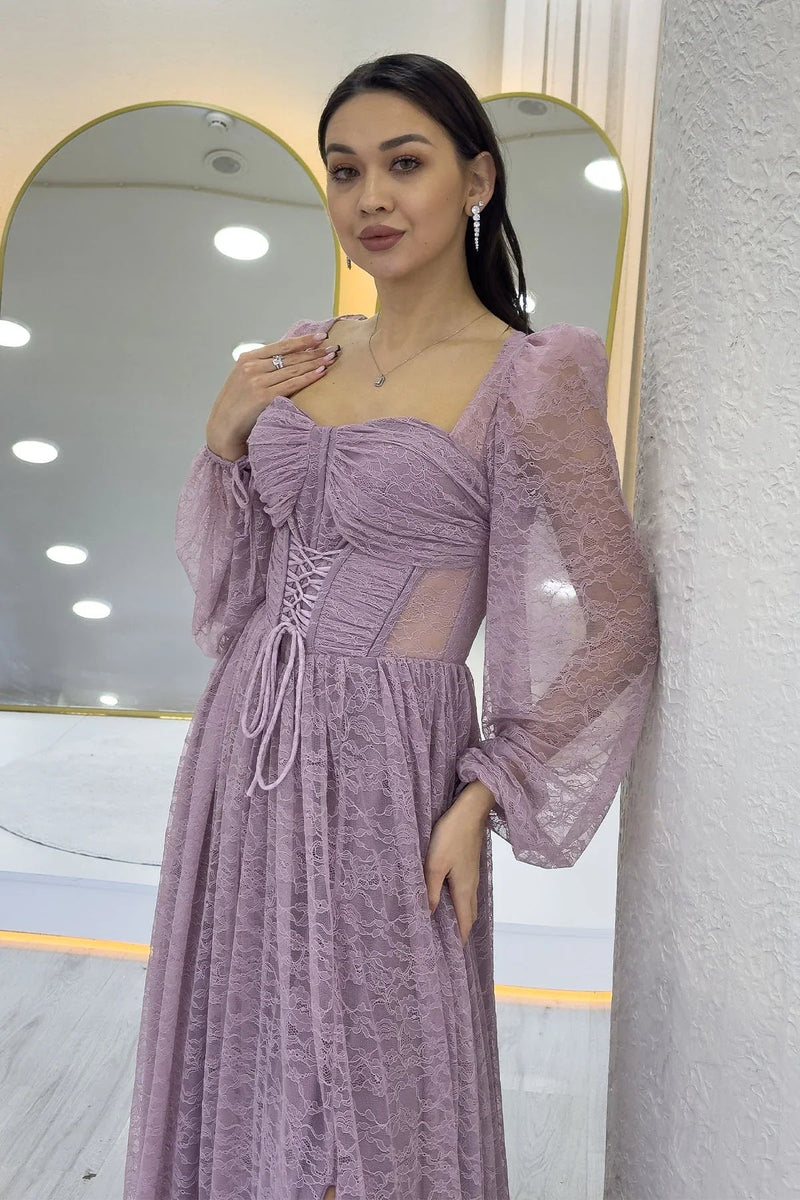 Women's Powder Pink Lace Kumaş Corset Detail Long Slit Evening Gown