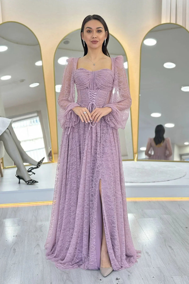 Women's Powder Pink Lace Kumaş Corset Detail Long Slit Evening Gown