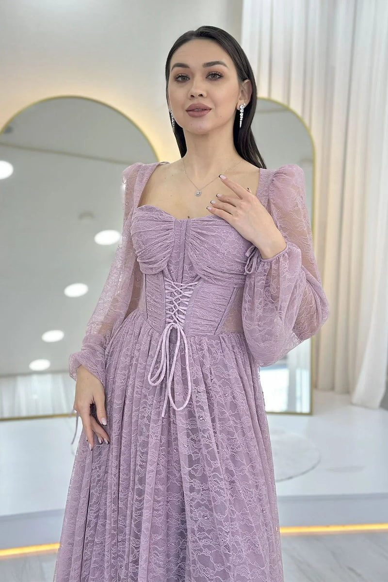 Women's Powder Pink Lace Kumaş Corset Detail Long Slit Evening Gown