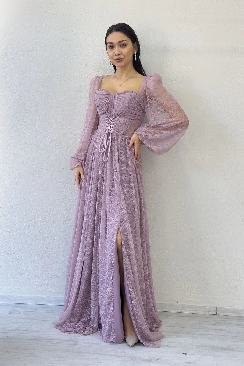 Women's Powder Pink Lace Kumaş Corset Detail Long Slit Evening Gown