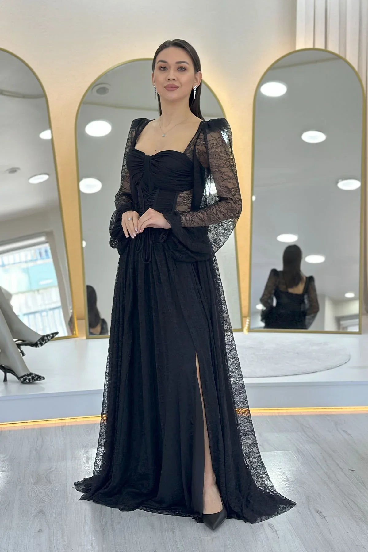 Women's Black Lace Kumaş Corset Detail Long Slit Evening Gown
