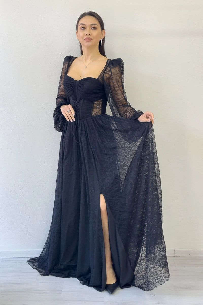 Women's Black Lace Kumaş Corset Detail Long Slit Evening Gown