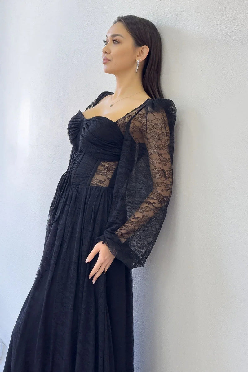 Women's Black Lace Kumaş Corset Detail Long Slit Evening Gown