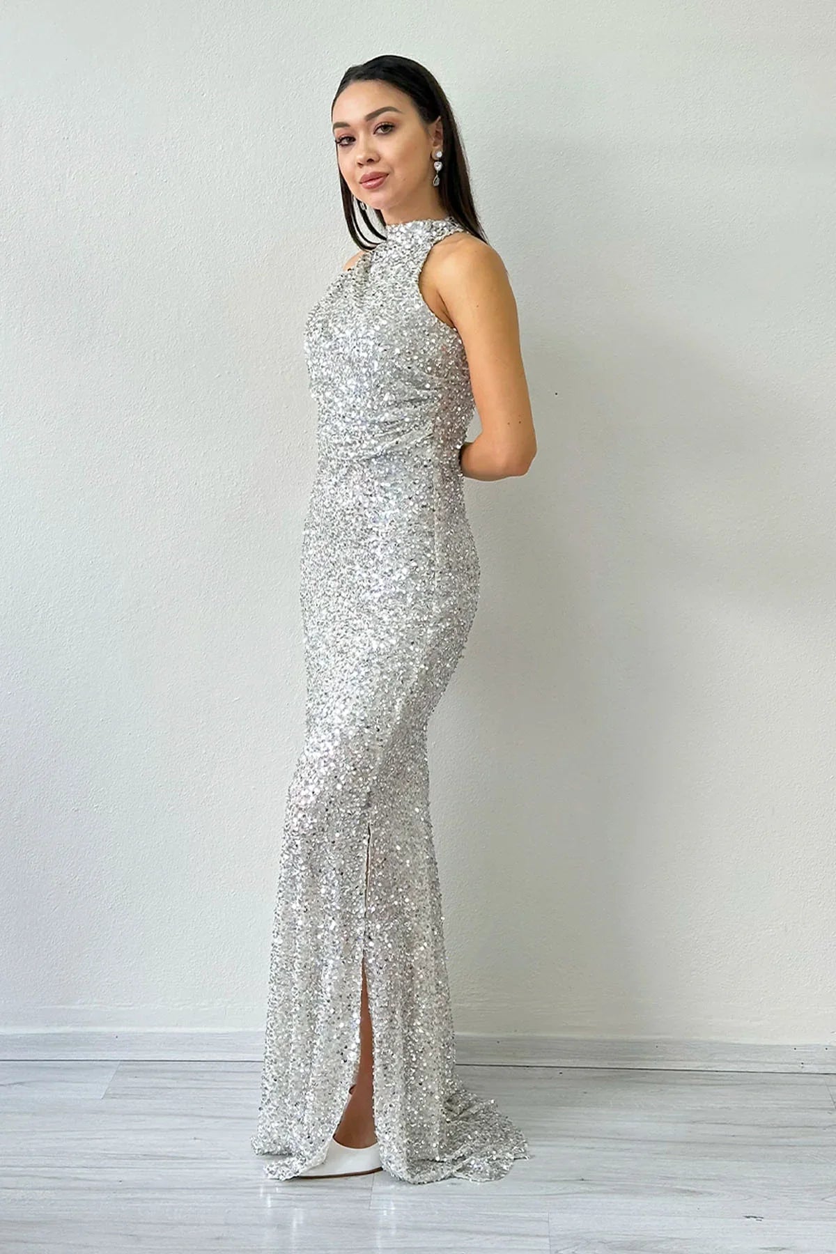 Women's Beige Halter Neck Sequin Train Evening Gown