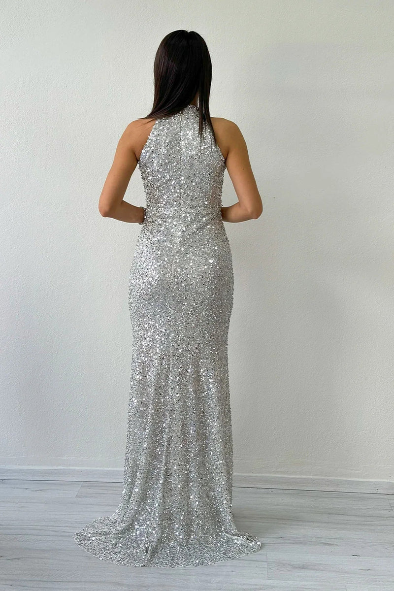 Women's Beige Halter Neck Sequin Train Evening Gown