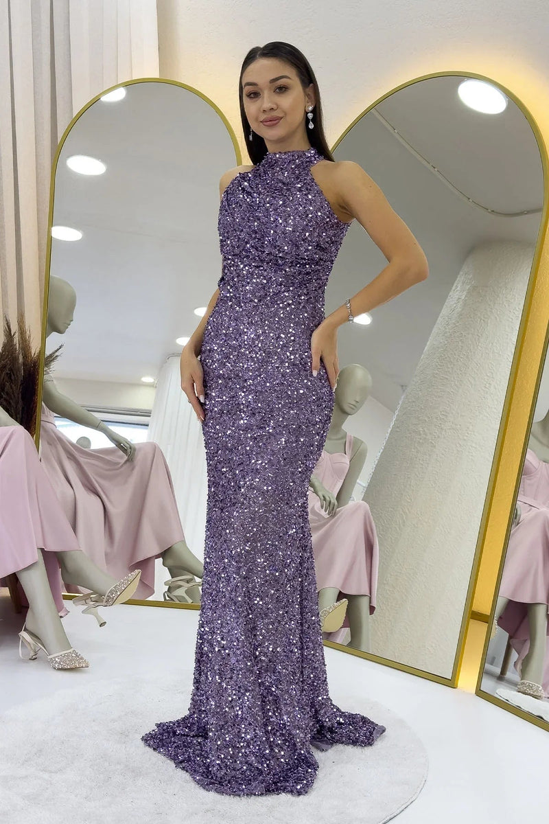 Women's Dark Lilacc Halter Neck Sequin Train Evening Gown