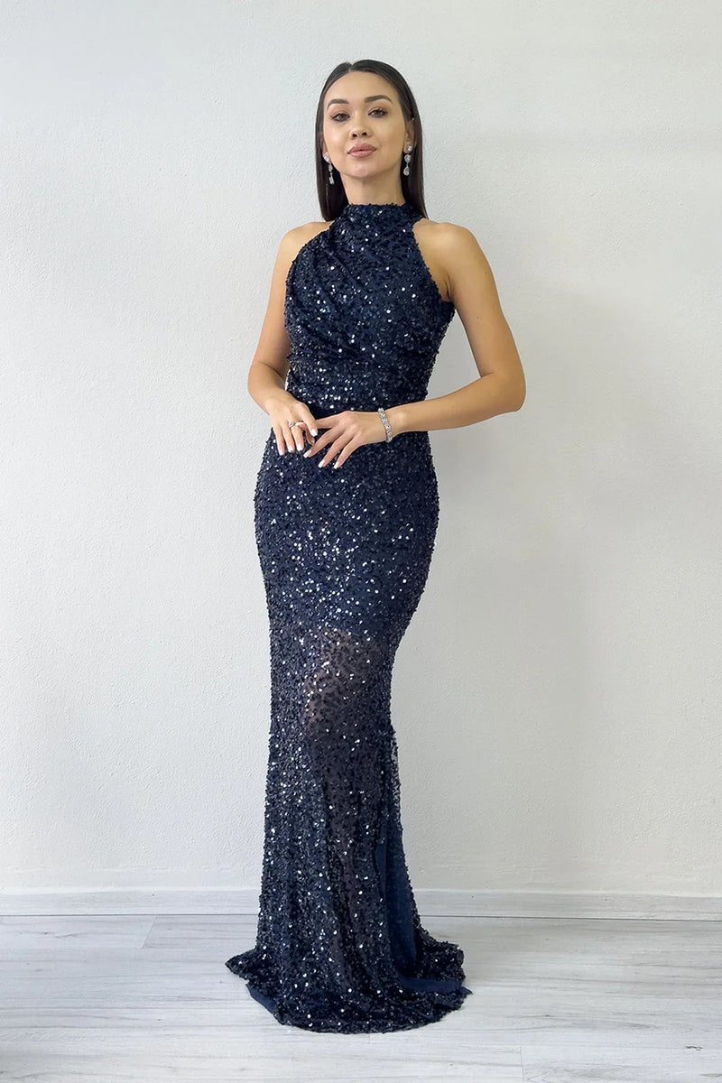 Women's Navy Blue Halter Neck Sequin Train Evening Gown