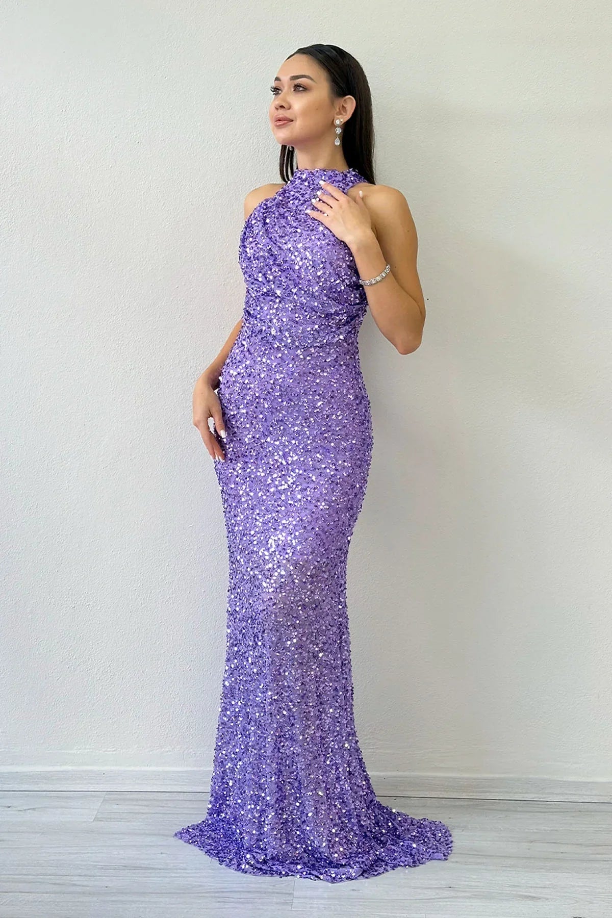 Women's Lilac Halter Neck Sequin Train Evening Gown