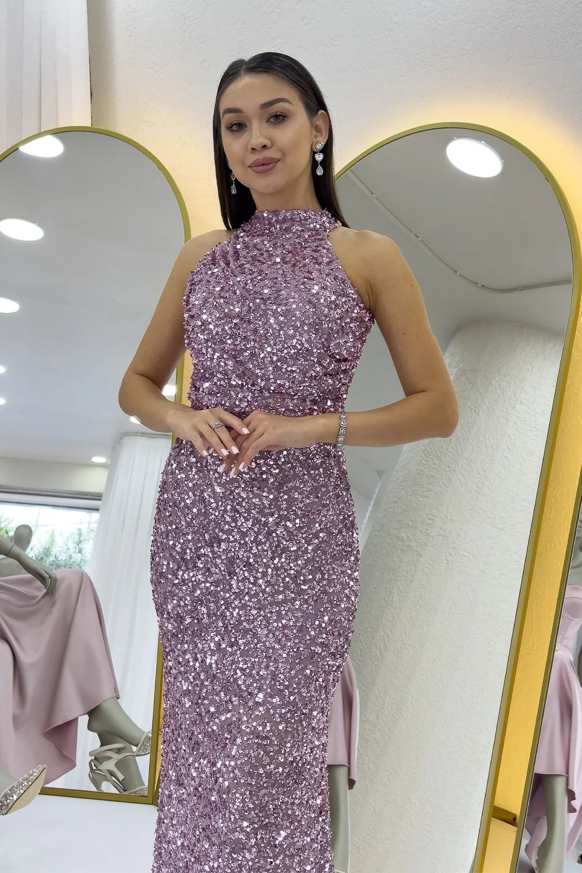 Women's Powder Pink Halter Neck Sequin Train Evening Gown
