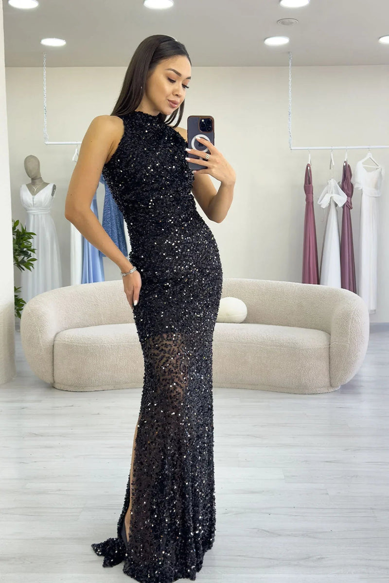 Women's Black Halter Neck Sequin Train Evening Gown