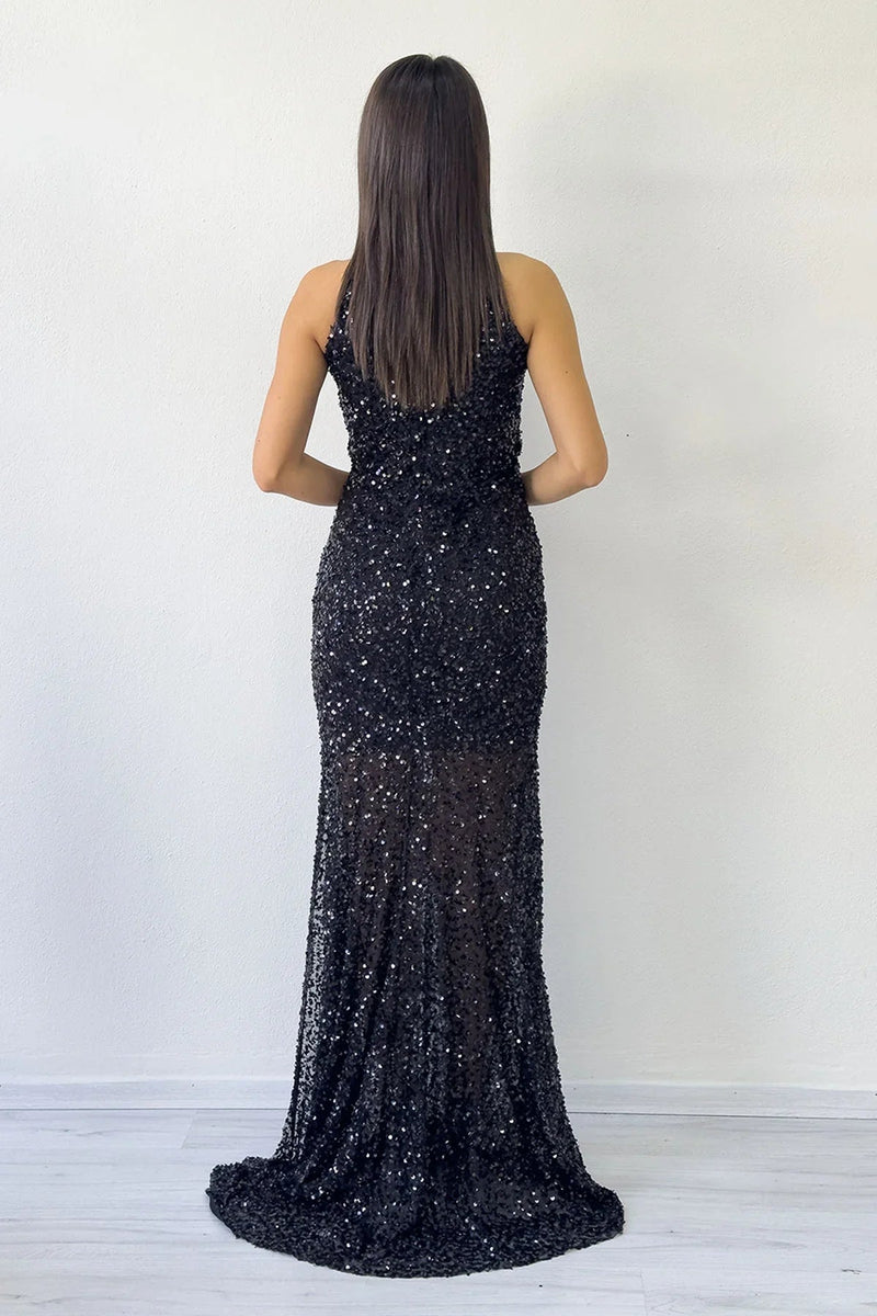 Women's Black Halter Neck Sequin Train Evening Gown