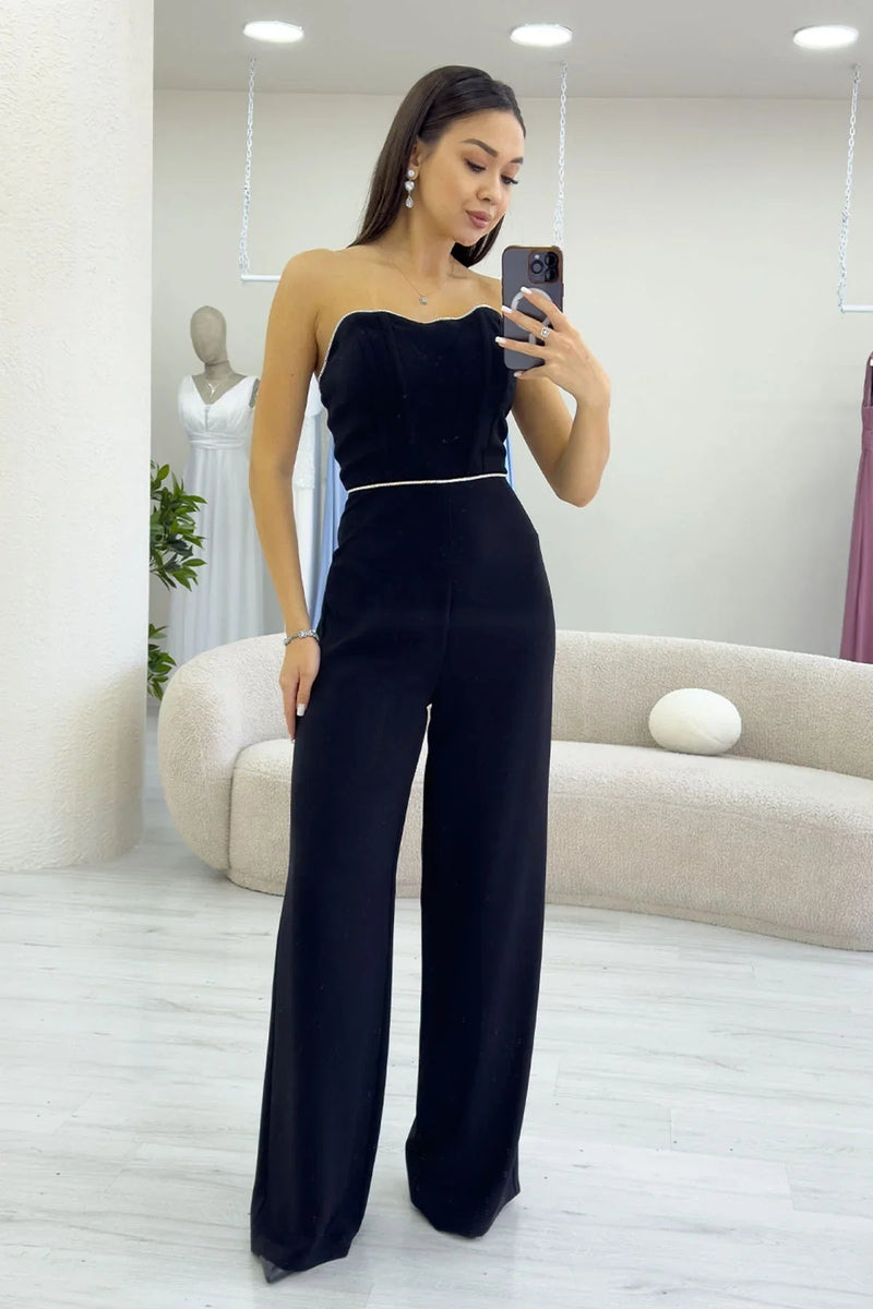 Women's Black Crystal Embellished Strapless Jumpsuit