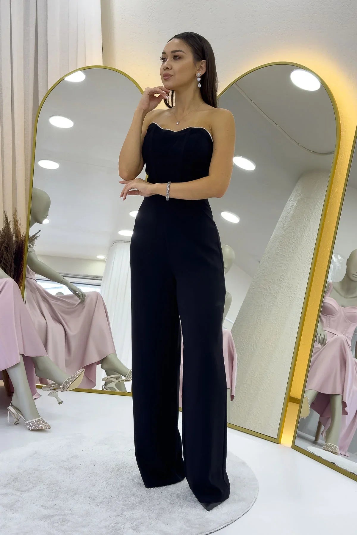 Women's Black Crystal Embellished Strapless Jumpsuit