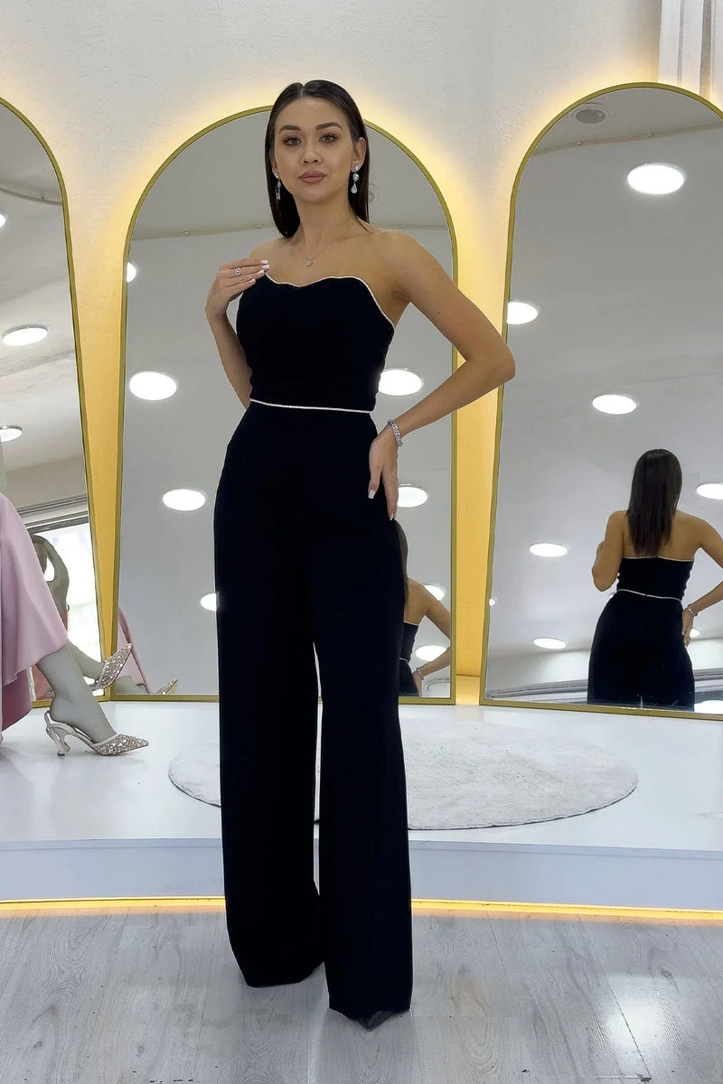 Women's Black Crystal Embellished Strapless Jumpsuit