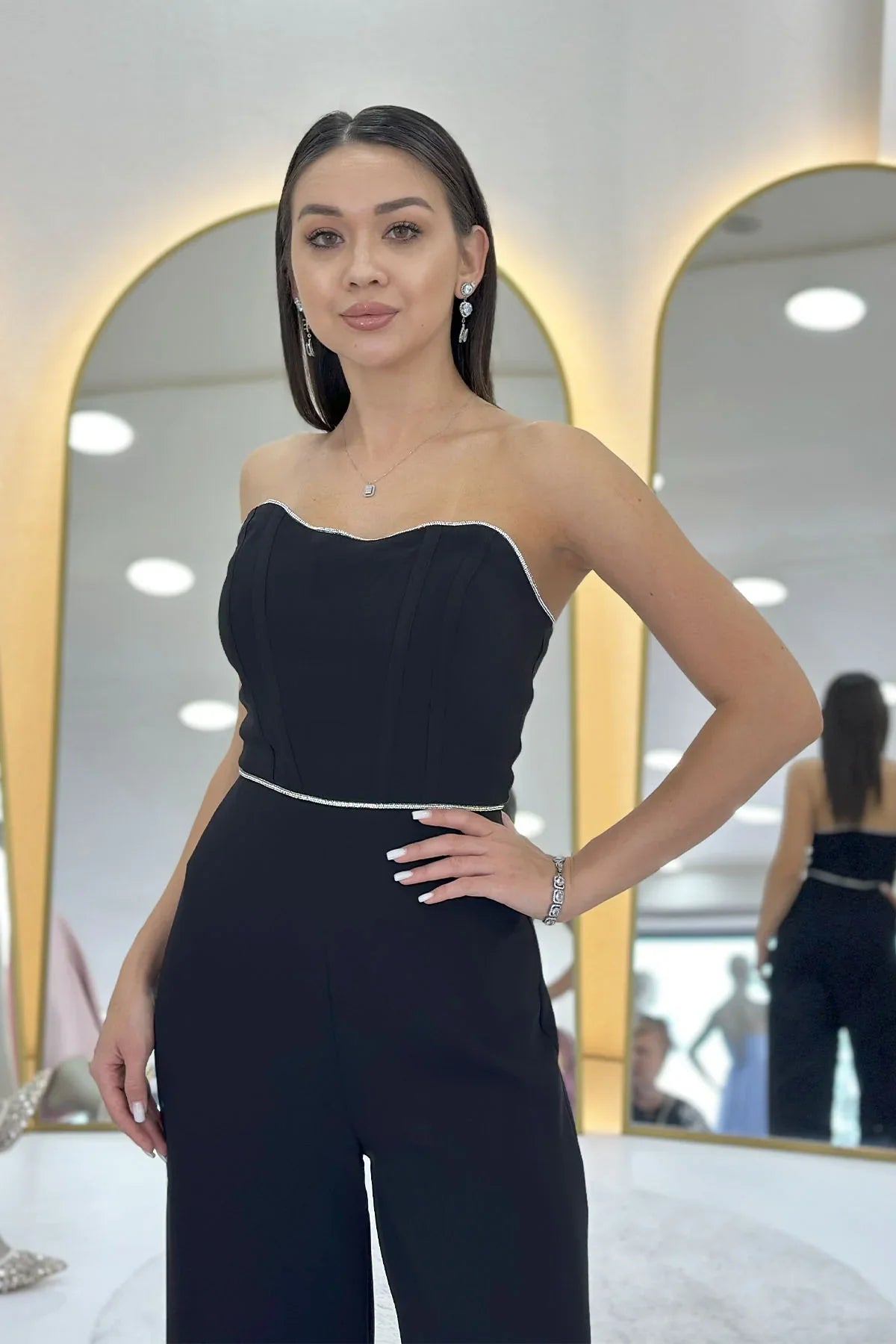 Women's Black Crystal Embellished Strapless Jumpsuit