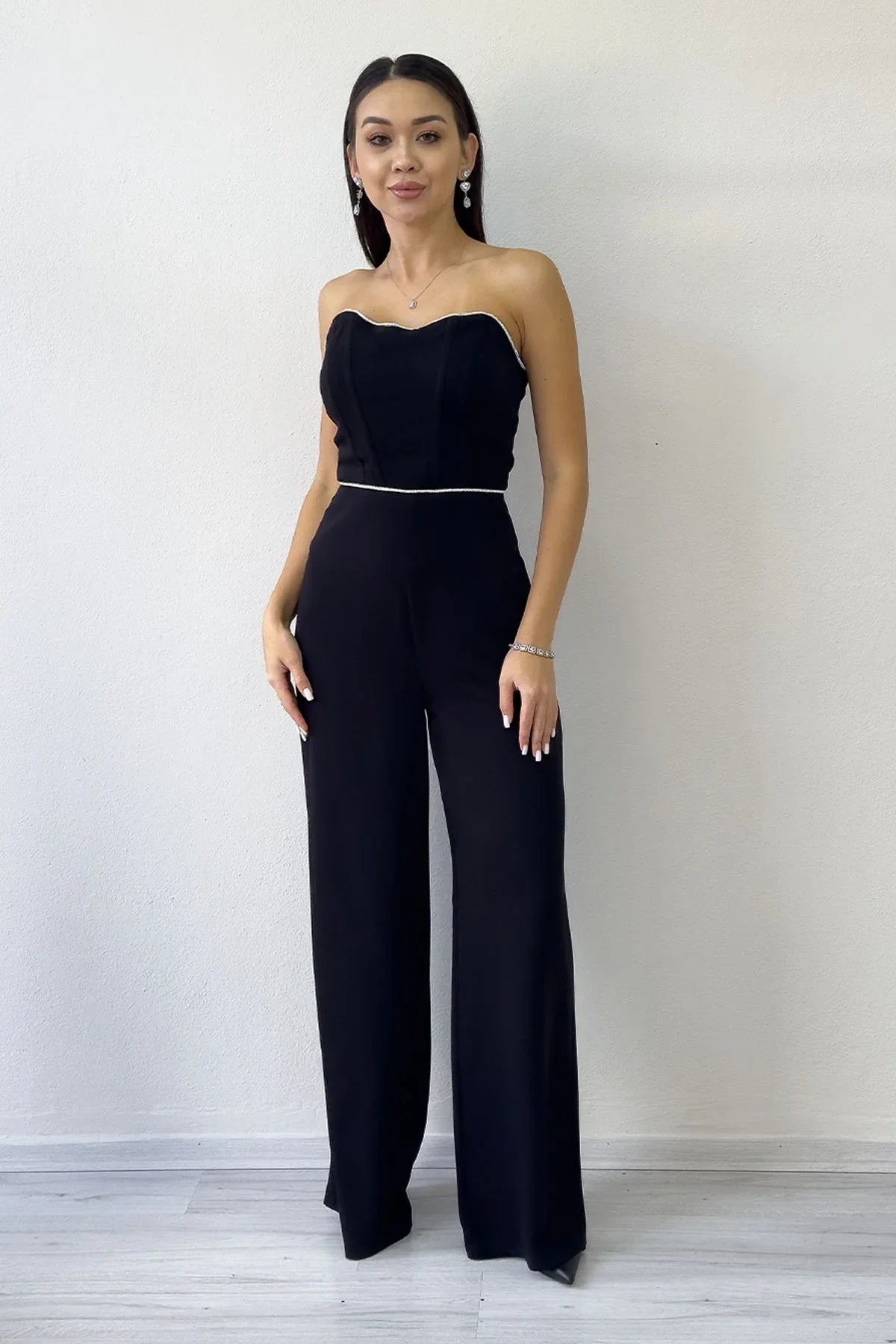Women's Black Crystal Embellished Strapless Jumpsuit