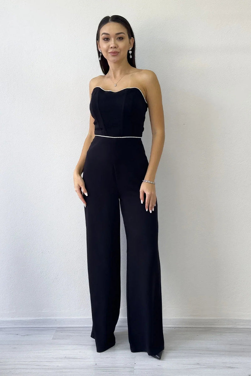 Women's Black Crystal Embellished Strapless Jumpsuit