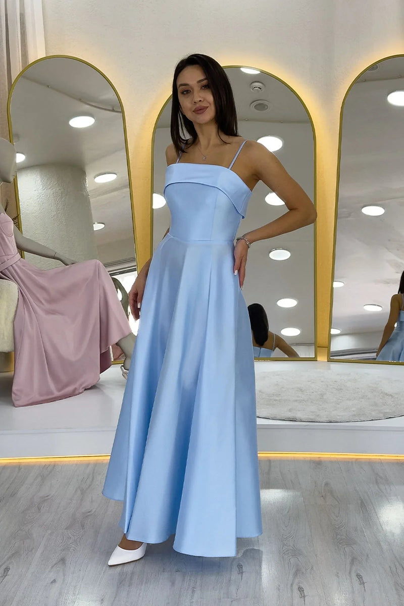 Women's Baby Blue İnce Strap Cep Detail Evening Gown