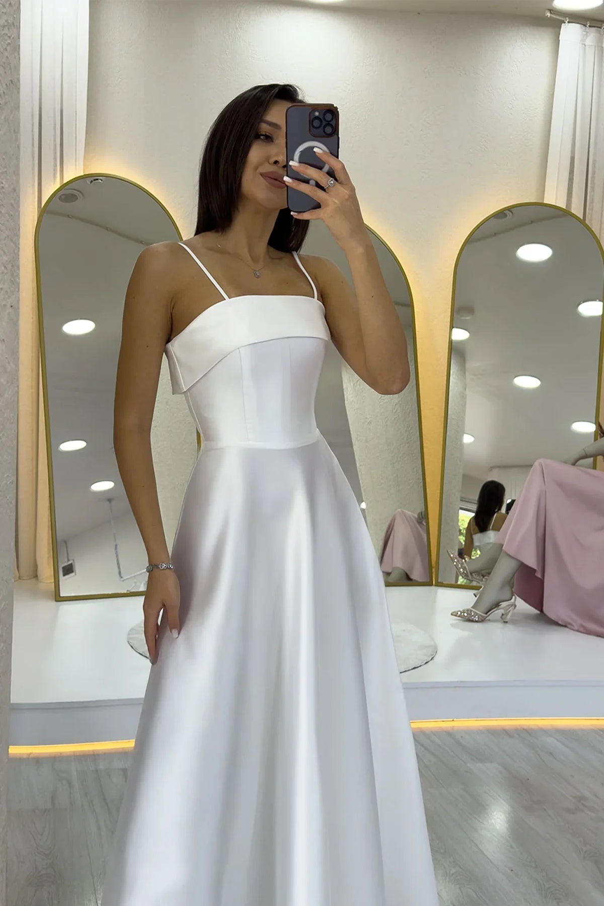 Women's White İnce Strap Cep Detail Nikah Evening Gown