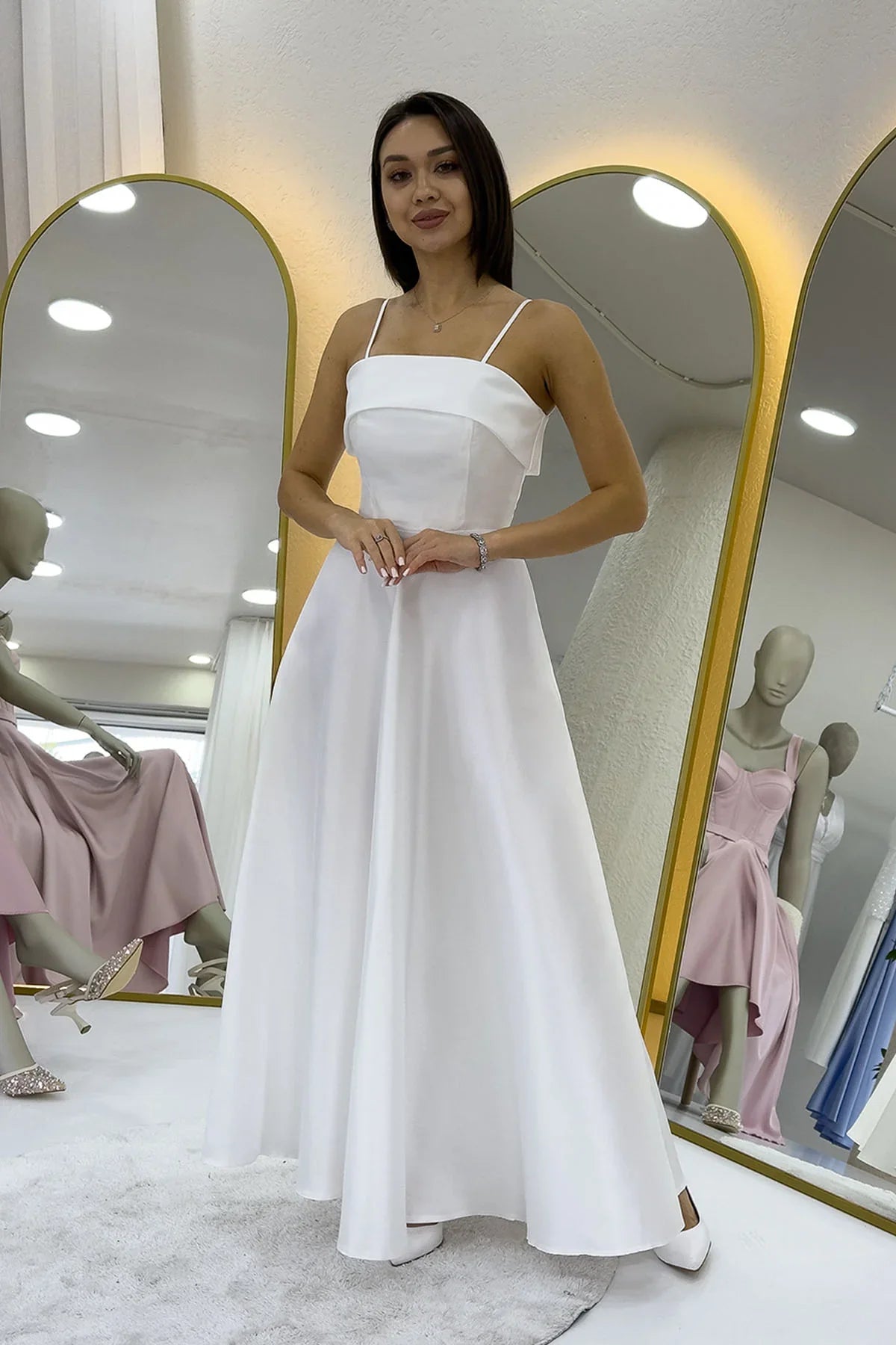 Women's White İnce Strap Cep Detail Nikah Evening Gown