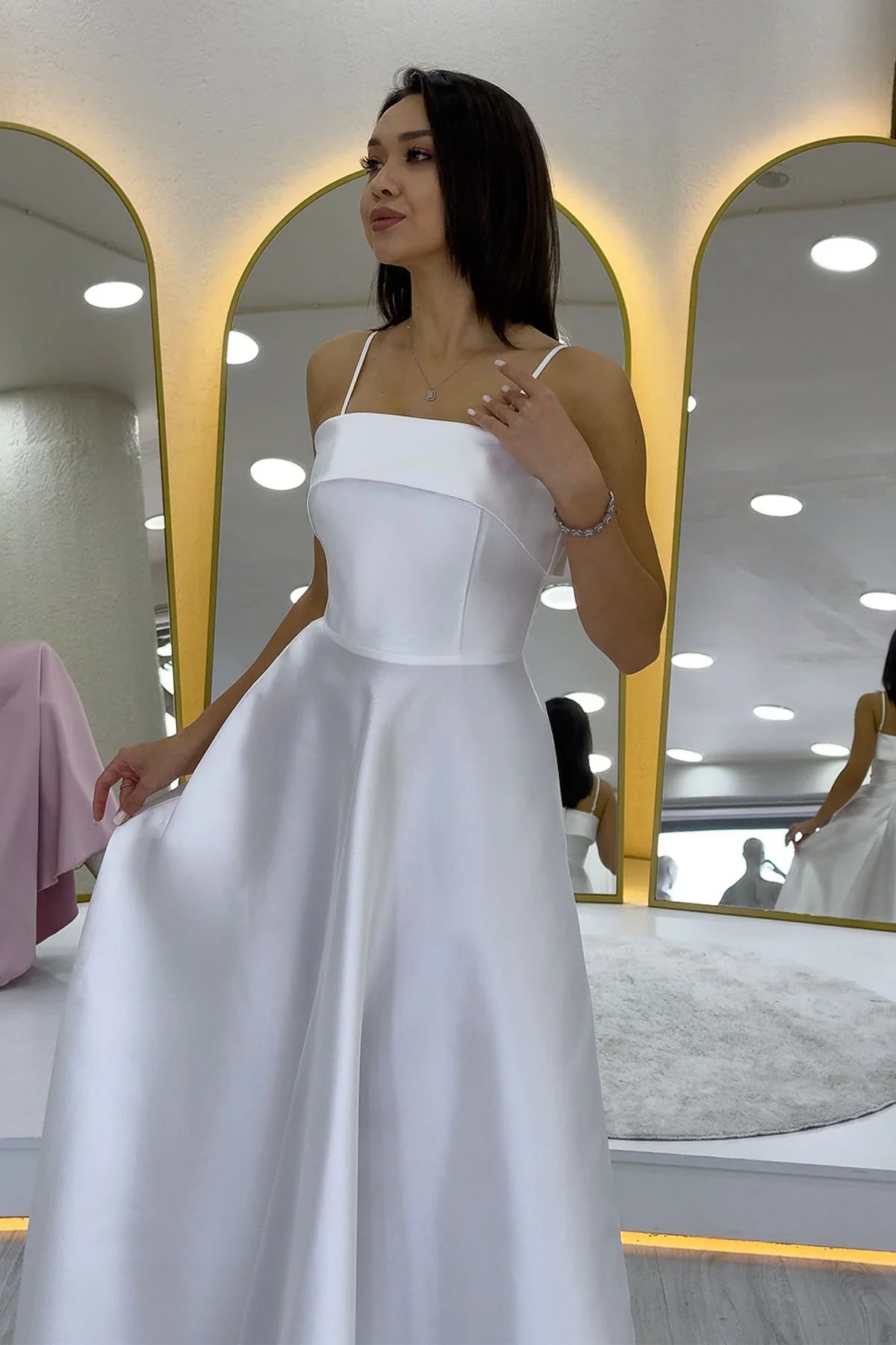 Women's White İnce Strap Cep Detail Nikah Evening Gown