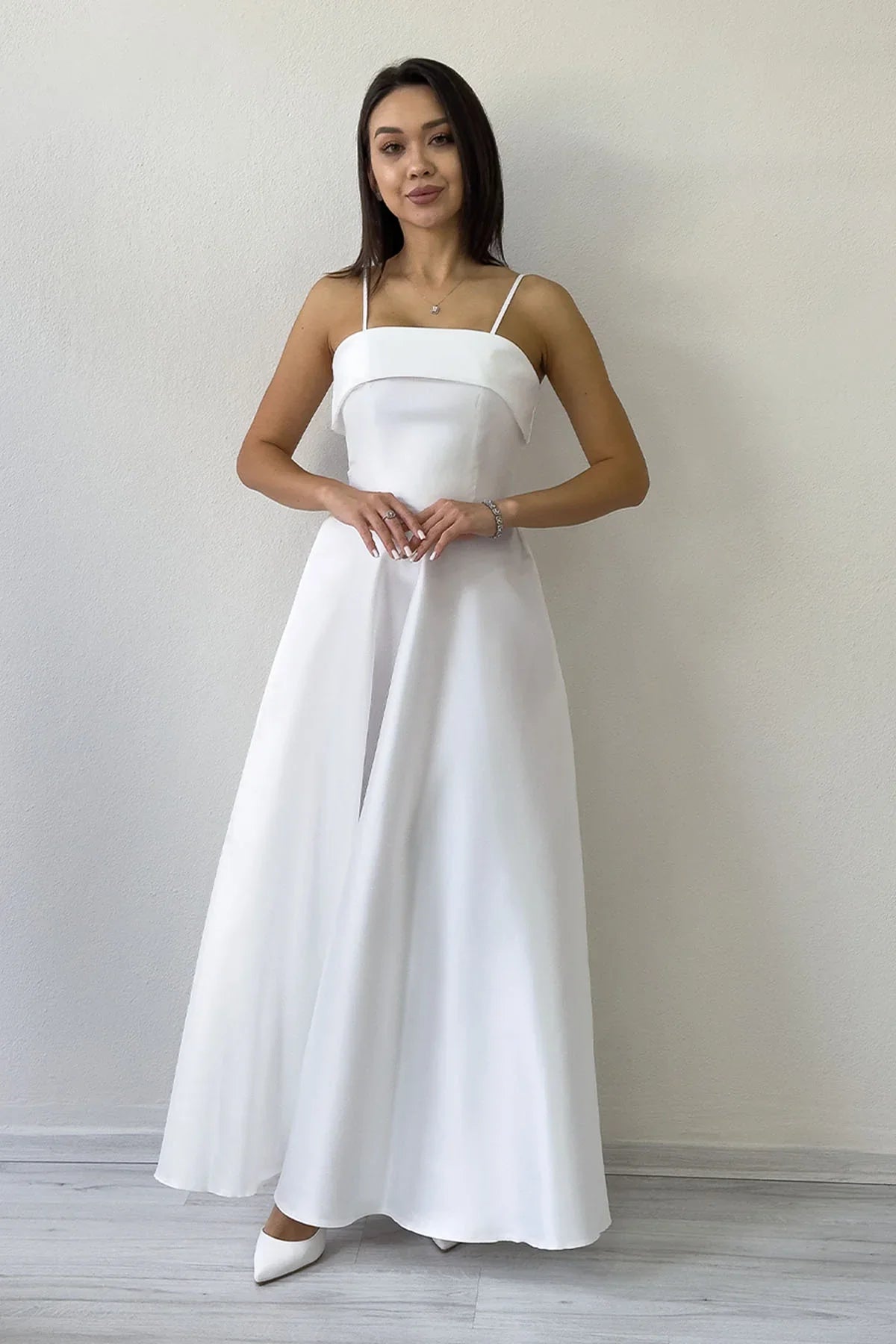 Women's White İnce Strap Cep Detail Nikah Evening Gown