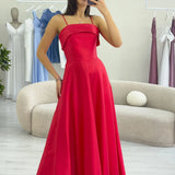 Red Satin Midi Thin Strap Evening Dress