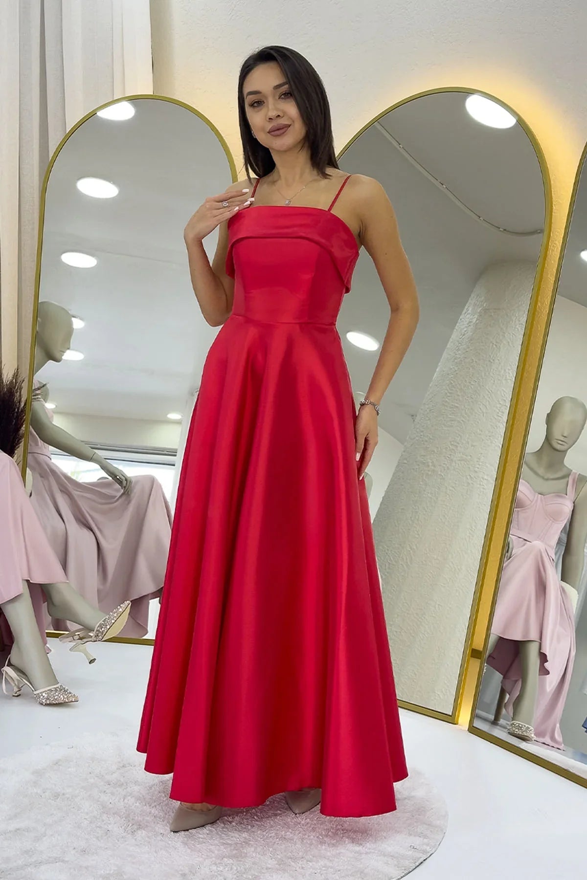 Women's Red İnce Strap Cep Detail Evening Gown